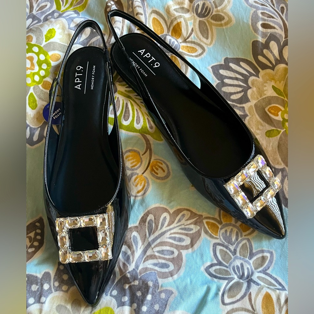 Black Flat Sling Backs Square Rhinestone Embellishments